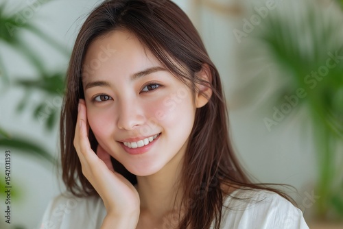 スキンケアの効果を実感する女性のクローズアップ（美容・美肌・コピースペース）
