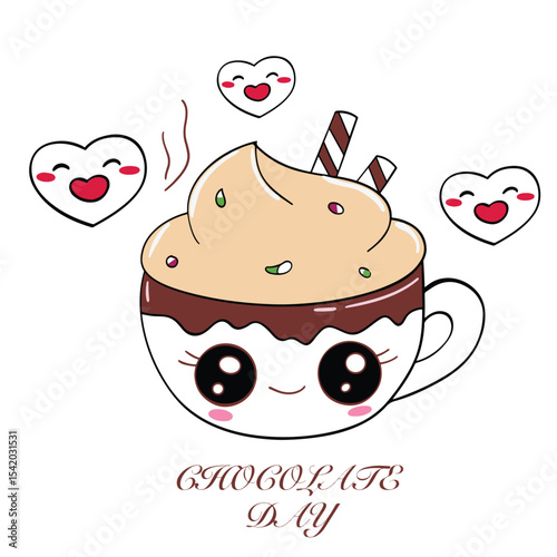 Cat Face Cup Happy World Chocolate Day Illustration – Sweet Logo Design with Cocoa and Dessert Elements