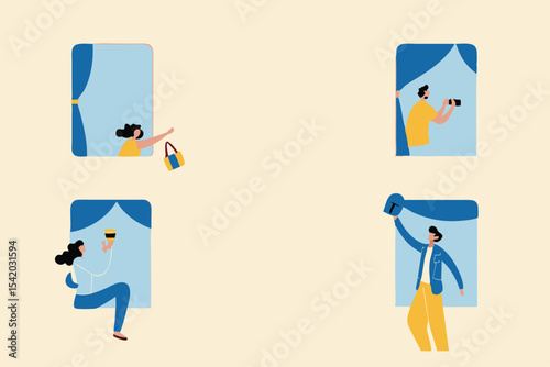 People stay home as social distancing to protect from COVID-19 coronavirus outbreak minimal concept, people at the windows with activities stay home apartment, social distancing policy with copy space
