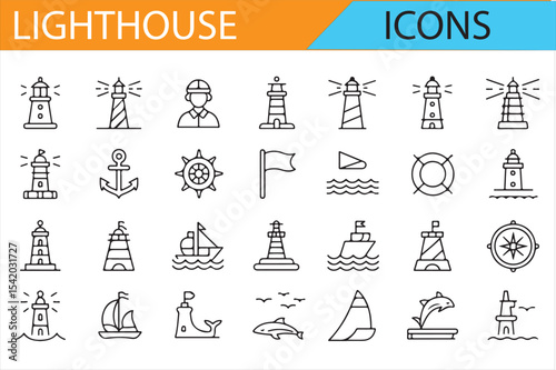 Vector Icons of Lighthouses, Sailboats, and Nautical Symbols for Coastal Designs