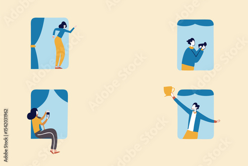 People stay home as social distancing to protect from COVID-19 coronavirus outbreak minimal concept, people at the windows with activities stay home apartment, social distancing policy with copy space