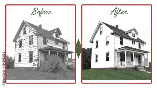 Illustration showing a house before and after renovation with improved paint and landscaping in color
