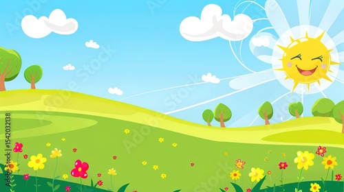 Whimsical Skies: Playful Cartoon Blue Sky White Clouds – Floating Marshmallow Clouds, Smiling Sun Characters, Rainbow-Edged Cloud Flocks, and Dreamy Sky Scapes in Vibrant, Simplified Illustrations for