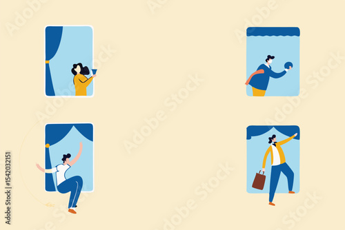 People stay home as social distancing to protect from COVID-19 coronavirus outbreak minimal concept, people at the windows with activities stay home apartment, social distancing policy with copy space