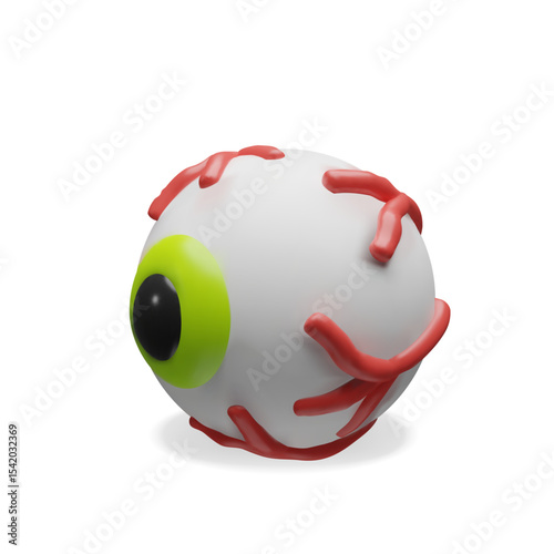 3D eyeball with red veins and green slime. Cute yet creepy Halloween icon perfect for spooky designs, party invitations, trick or treat graphics, and monster-themed decorations.