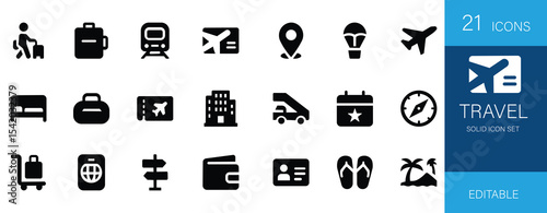 Modern travel icon set featuring suitcase, passport, map, ticket, hotel, beach, aeroplane, and more. Perfect for tourism, vacation, booking apps, trip planning, and web or graphic design