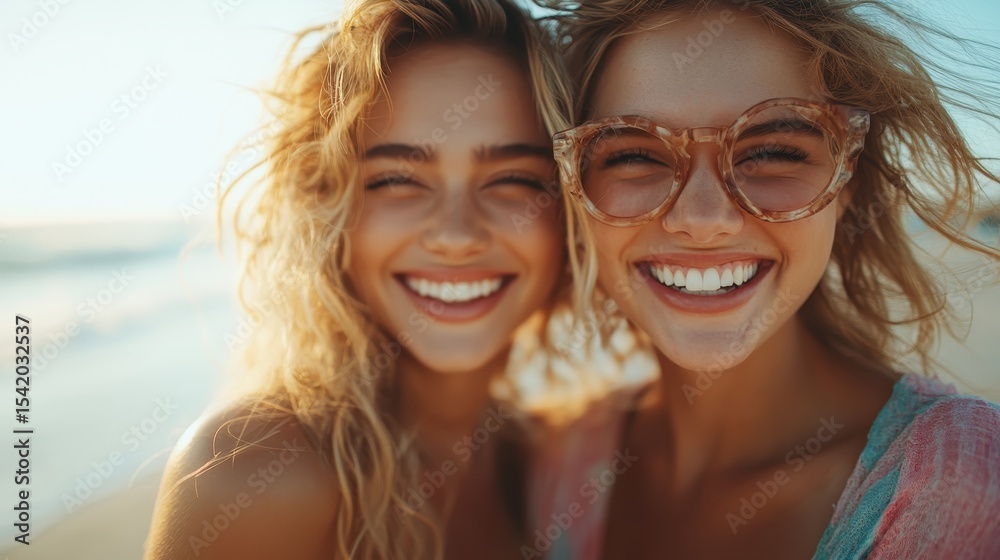 Fototapeta premium Two women at the beach share a joyful moment, their smiles bright and contagious while the sun sets in the background, evoking a sense of friendship and happiness.