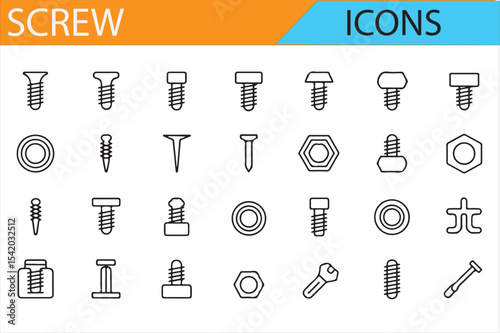 Vector Icons of Screws, Bolts, and Nuts for Mechanical and Construction Projects