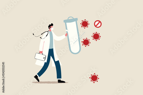 Fight and protect COVID-19 Coronavirus outbreak concept, Doctor wearing sanitary mask with stethoscope holding protective shield and vaccine box to protect from COVID-19 coronavirus pathogens.