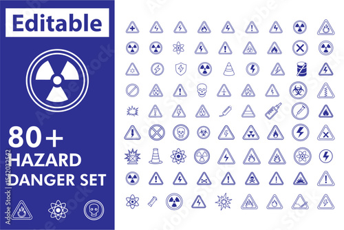 80+ Editable Hazard and Danger Icons Set—Radiation, Warning, Biohazard & Safety Signs in Line Style

