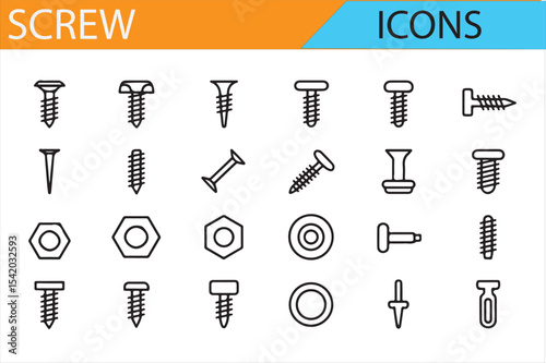 Collection of Screw, Bolt, Nut, and Tool Icons for Construction.