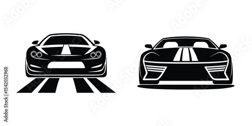 Smooth Rear View of a Sleek Sports Car Gliding Along a Highway Silhouette on White Background