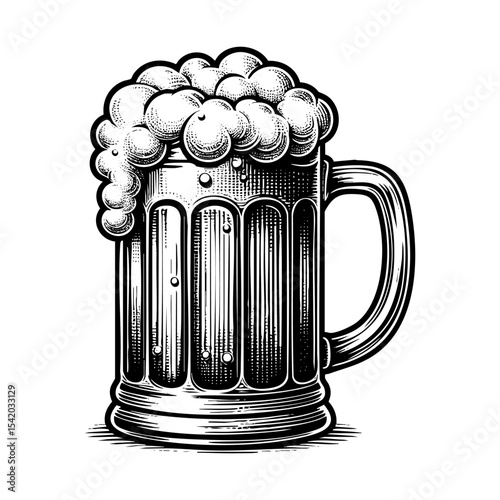 a glass of beer full of foam engraving black and white outline. Scratch board imitation.