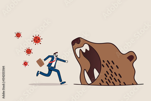 Bear market by COVID-19 Virus pandemic, stock market panic sell from novel corona virus, investor run away concept, panic businessman run away from COVID-19 virus pathogens but meet with bear claws.