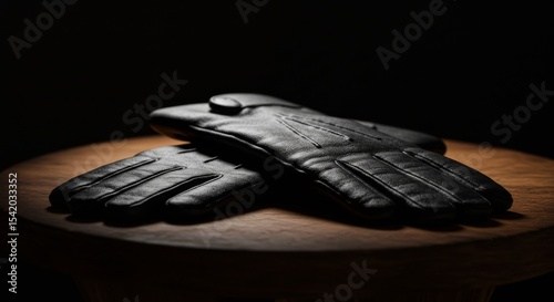 A pair of black leather gloves resting on a wooden surface