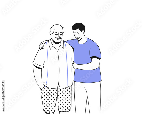 plus size black elderly father and adult son standing together with arms around isolated