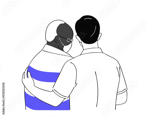 plus size black elderly father and adult son standing together with arms around isolated