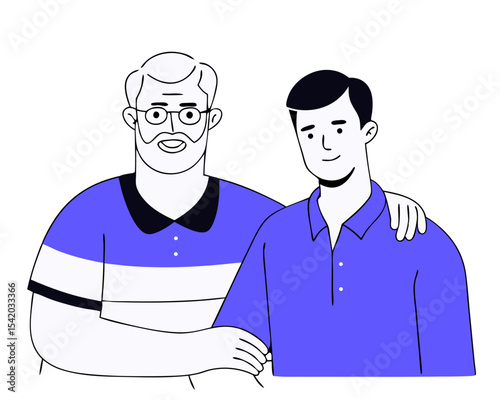 plus size black elderly father and adult son standing together with arms around isolated