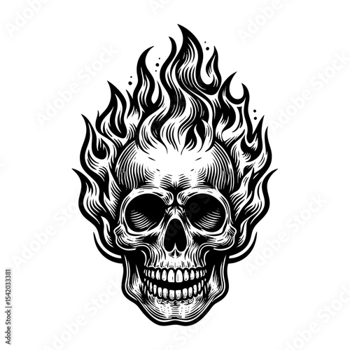 Skull burning fire flame sketch engraving black and white outline. Scratch board imitation.  illustrated in vintage line art style on a white background.