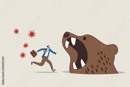 Bear market by COVID-19 Virus pandemic, stock market panic sell from novel corona virus, investor run away concept, panic businessman run away from COVID-19 virus pathogens but meet with bear claws.