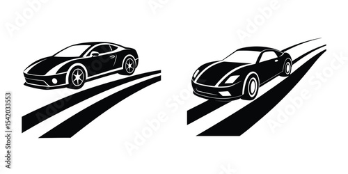 Aggressive Sports Car Low Angle View Gliding Along a Road Silhouette on White Background