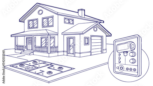 Illustration of a two story house with a garage and a control panel near a sprinkler system design