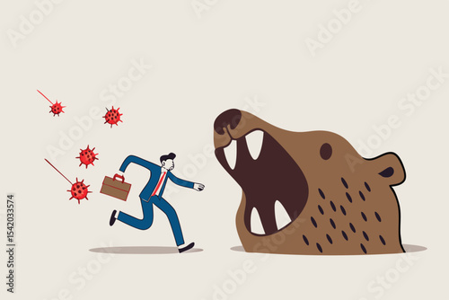 Bear market by COVID-19 Virus pandemic, stock market panic sell from novel corona virus, investor run away concept, panic businessman run away from COVID-19 virus pathogens but meet with bear claws.