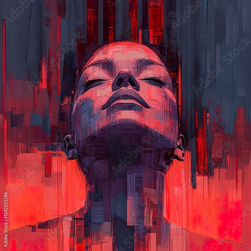 Abstract Portrait of a Woman with Closed Eyes in Red and Gray Tones