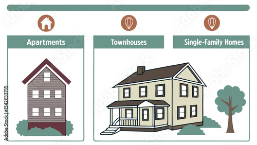 Illustration showing apartments townhouses and single family homes with architectural differences and landscaping
