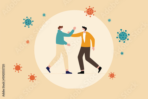 Social distancing, people keep distance and avoid physical contact, handshake or hand touch to protect from COVID-19 coronavirus spreading concept, people bump arm or elbow bump with virus pathogens