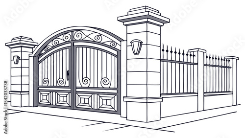Illustration of a closed ornate metal gate with stone pillars and a wrought iron fence design element