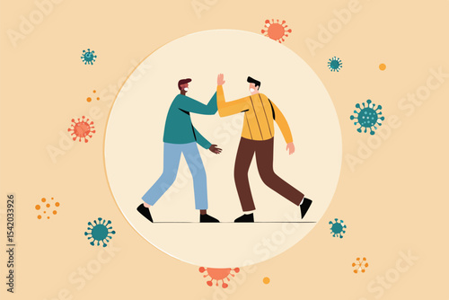Social distancing, people keep distance and avoid physical contact, handshake or hand touch to protect from COVID-19 coronavirus spreading concept, people bump arm or elbow bump with virus pathogens