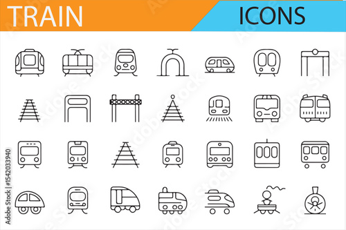 Minimalist Set of Train, Bus, and Tram Icons for Public Transport