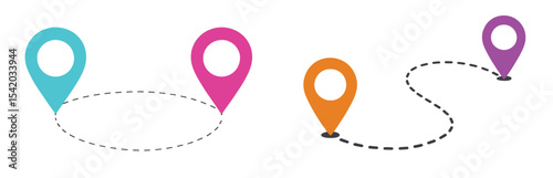 Colourful Location Pins Showing Route Map Journey Travel Destination Navigation GPS