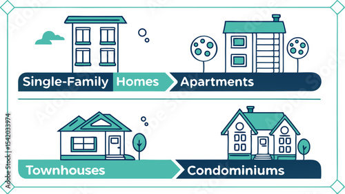 Illustration depicting different types of housing including single family homes apartments townhouses and condominiums