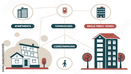 Illustration of different housing types connected by lines including apartments townhouses and single family homes