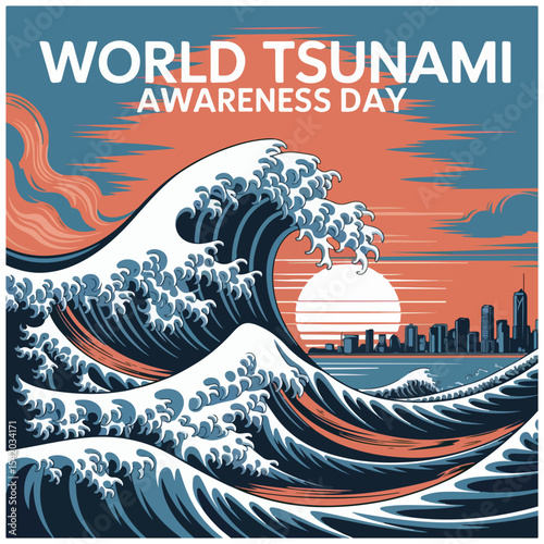Wave-themed flyer design with bold text, raising awareness about tsunami safety and disaster preparedness.