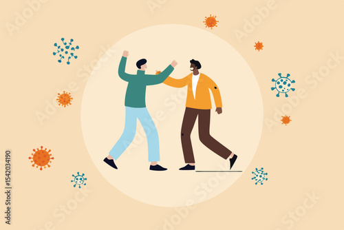 Social distancing, people keep distance and avoid physical contact, handshake or hand touch to protect from COVID-19 coronavirus spreading concept, people bump arm or elbow bump with virus pathogens