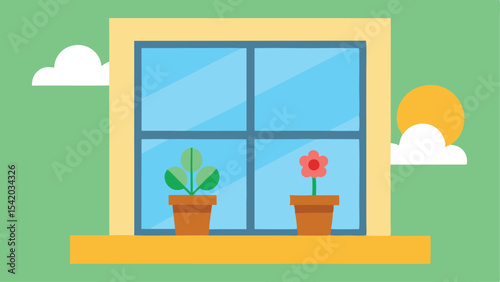 Vector illustration of a window with plants sunlight and clouds in a simple flat design