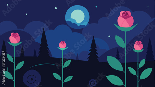 Vector illustration of abstract pink roses growing in a whimsical moonlit night scene
