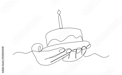 Continuous line of people hand holding creamy sweet birthday cake with candle and topping. Traditional birthday bakery dessert for party. Editable stroke sketch drawing vector illustration