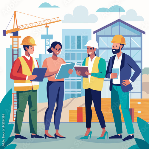Architects Discussing Building Plans at a Construction Site, Professional Teamwork Concept, Realistic Vector Illustration