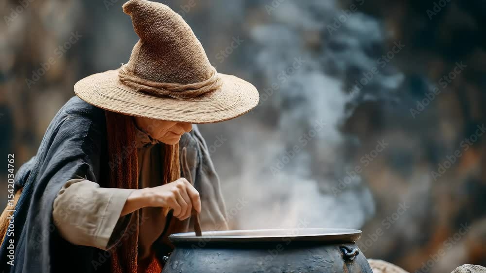 Old woman witch in a pointy hat stirring a steaming cauldron with magical potion ready for Halloween.