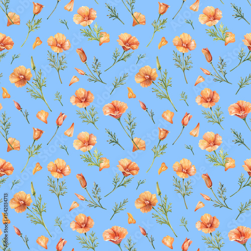 Seamless Watercolor Pattern with California Poppies on Blue Background