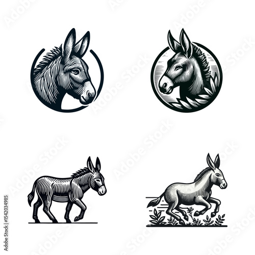 Donkey engrave illustration logo icon design