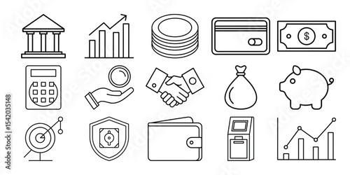 Collection of finance and banking line icons isolated on white background