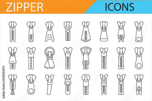 Set of Zipper Icons in Black Outline for Fashion and Accessories