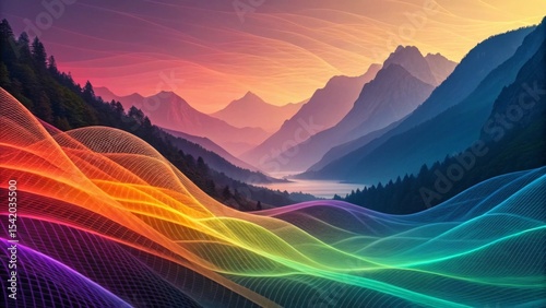 Organic digital mesh in vibrant gradient colors abstract texture background Vibrant abstract landscape with colorful waves and mountains at sunset.