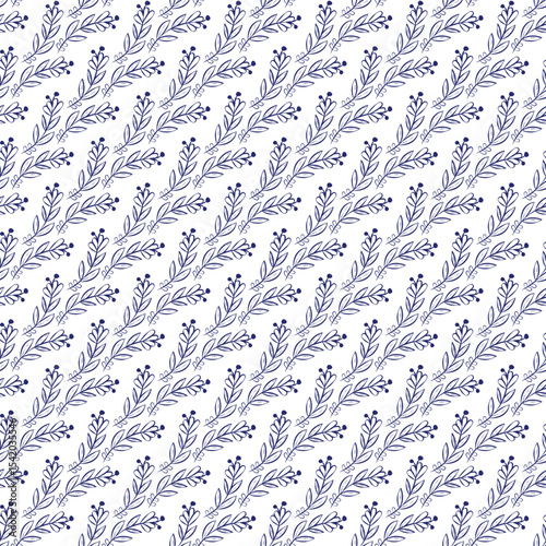 Seamless Blue Floral Pattern with Minimalistic Leaves on a White Background