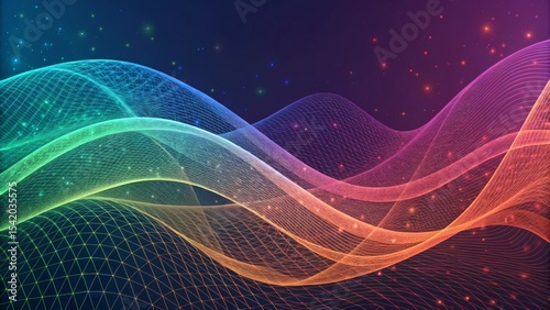 Organic digital mesh in vibrant gradient colors abstract texture background Vibrant abstract waves with a geometric net design on a cosmic background.